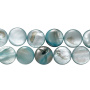 <p>Круглые бусины-пластинки из натурального тонированного перламутра приглушённого зеленовато-сине-голубого цвета. На бусинах есть темные пятна, возможны щербинки естественного происхождения. Бусины могут немного отличаться по форме и размеру. Оттенок может отличаться от фотографии и от партии к партии. Цена за 1 низку длиной около 36 см (примерно 25 бусин, низки формируются без проверки каждой бусины на дефекты).</p>