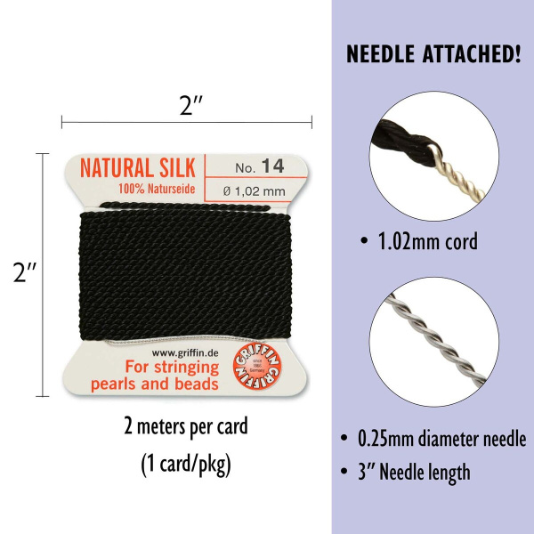 <p>Очень толстая и прочная нить из высококачественного натурального 100% шелка, произведена компанией Griffin (Германия). К нити прикреплена проволочная иголочка. Идеально подходит для использования с жемчугом и натуральными камнями. Толщина около 1,02 мм. Цена за моток 2 метра.</p>