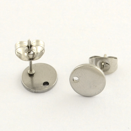 Пусеты, 8мм, гладкий круг с отверстием, с застежками, базовый материал - нержавеющая сталь, без покрытия, 2 пары