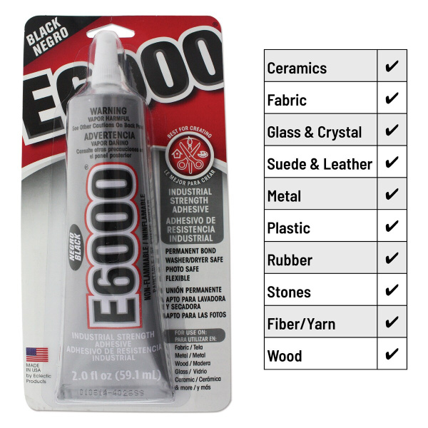 <p>
Универсальный <b>ЧЕРНЫЙ</b> клей E-6000. Клей оригинальный, произведен в США. Используется для ткани, металла, дерева, стекла, керамики и других материалов в любом сочетании. Клей довольно густой, удобен в работе. Почтой отправляется только по предоплате. Цена за 1 тюбик 59.1 мл (2 fl. oz.).
</p>