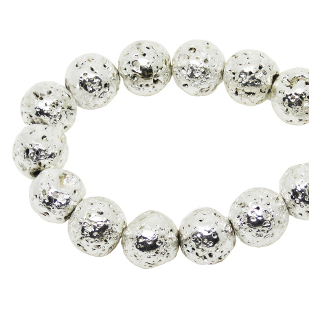 <p>Круглые каменные бусины из натуральной вулканической лавы (вулканического туфа), с гальваническим металлическим покрытием светло-серебристого цвета. Оттенок может отличаться от фотографии. Бусины могут немного отличаться по форме и размеру. Цена за низку 37 см (около 45 бусин, низки формируются без проверки каждой бусины на дефекты).</p><p>ВНИМАНИЕ: покрытие не очень стойкое, рекомендуется покрывать лаком или использовать в украшениях, где на бусины не приходится трение.</p>