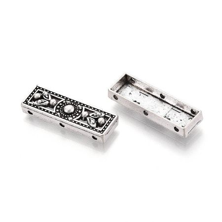 <p>
Разделитель-планка для многорядных браслетов или колье. На три отверстия, односторонний. Разделитель подходит для бусин до 10 мм включительно (расстояние между отверстиями составляет около 10 мм). Стиль "тибетское серебро". Оттенок может отличаться от фотографии и в разных поставках. Цена за 10 шт.
</p>