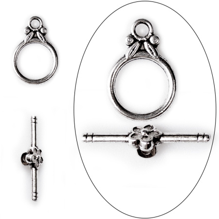 Застежка, 21х14мм, тогл, цветочек с листиками, базовый материал - оловянный сплав, стиль тибетское серебро, 1 шт.