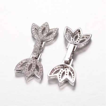 Застежка, 31.5х12.5х5мм, Milano, защелкивающаяся, Лотос, на одну-три нити, с фианитами, базовый материал - латунь, под родий, 1 шт.
