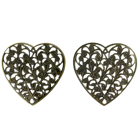 Подвеска, 45х45мм, тонкое резное сердце, базовый материал - железо, бронзовое, 1 шт., УЦЕНКА