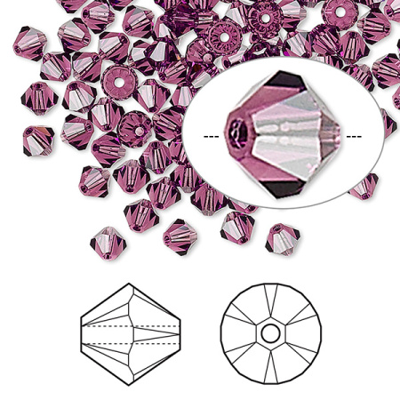 Бусина Swarovski, 4мм, Биконус (#5328), аметист (цвет 204), 10 шт.