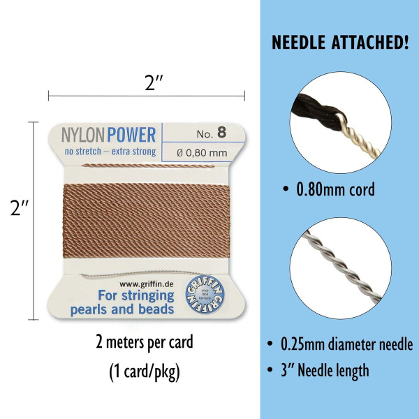 Нить нейлоновая, Griffin Nylon Power No.8 (0.8мм), темно-бежевая, с иглой, моток, 2 метра <p>
Толстая и прочная нить Nylon Power из высококачественного нейлона, очень крепкая, не растягивается. Произведена компанией Griffin (Германия). К нити прикреплена проволочная иголочка. Идеально подходит для использования с жемчугом и натуральными камнями. Толщина около 0,8 мм. Оттенок может отличаться от фотографии и в разных поставках. Намотка может состоять из нескольких частей. Цена за моток 2 метра.
</p>