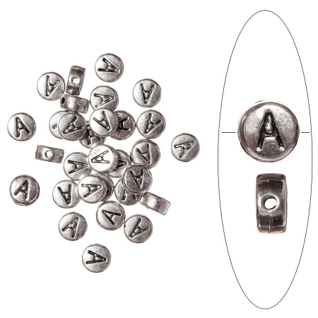 Бусина металлическая, 7х4мм, буква A, базовый материал - цинковый сплав, серебристая с чернением, 10 шт.