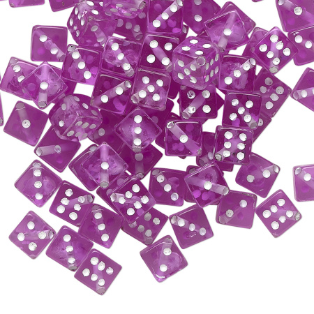 Бусина акриловая, 7мм (длина грани 5мм), кубик игральный, прозрачный, фиолетовый, 1 шт.