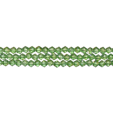 Бусины стеклянные, 4-5мм, граненые, биконусы, зеленые с радужным покрытием, 78 шт., низка