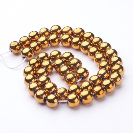 Бусины каменные, гематит, металлизированный, золотой, 8мм, 50 шт., низка
