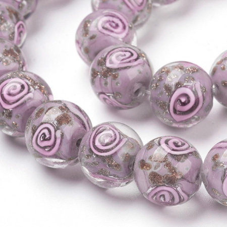 Бусина лэмпворк, 12мм, со спиральным узором, светло-сиреневая с розовым, 1 шт.