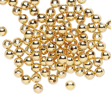 <p>
 Гладкая позолоченная бусина-разделитель из латуни. Покрытие золото 18К (карат). Оттенок может отличаться от фотографии и в разных поставках. Размер бусины 4 мм. Диаметр отверстия около 1 мм. Цена за 10 шт.
</p>