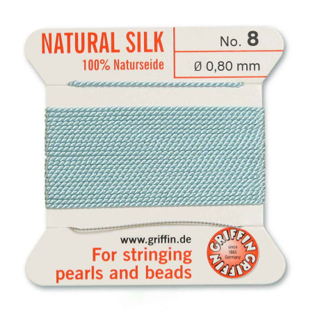 Нить шелковая, Griffin No.8 (0.8мм), бирюзово-голубая, с иглой, моток, 2 метра
