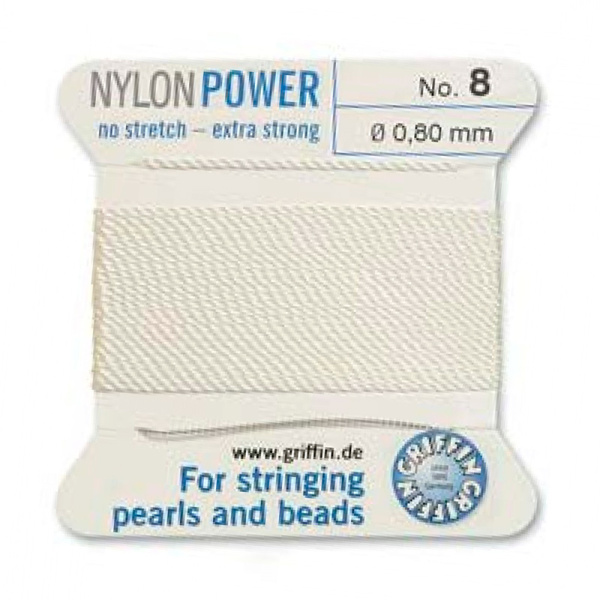 Нить нейлоновая, Griffin Nylon Power No.8 (0.8мм), белая, с иглой, моток, 2 метра <p>
Толстая и прочная нить Nylon Power из высококачественного нейлона, очень крепкая, не растягивается. Произведена компанией Griffin (Германия). К нити прикреплена проволочная иголочка. Идеально подходит для использования с жемчугом и натуральными камнями. Толщина около 0,8 мм. Оттенок может отличаться от фотографии и в разных поставках. Намотка может состоять из нескольких частей. Цена за моток 2 метра.
</p>
